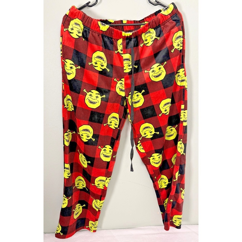 DreamWorks Shrek Pajama Pants Mens Large‎ Red Black Plaid Fleece Lounge